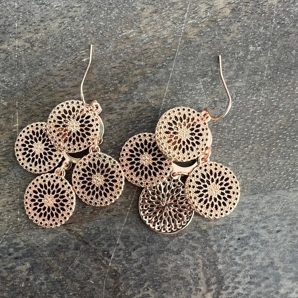 Rose gold tone laser cut medallion dangle drop earrings - Picture 2 of 4